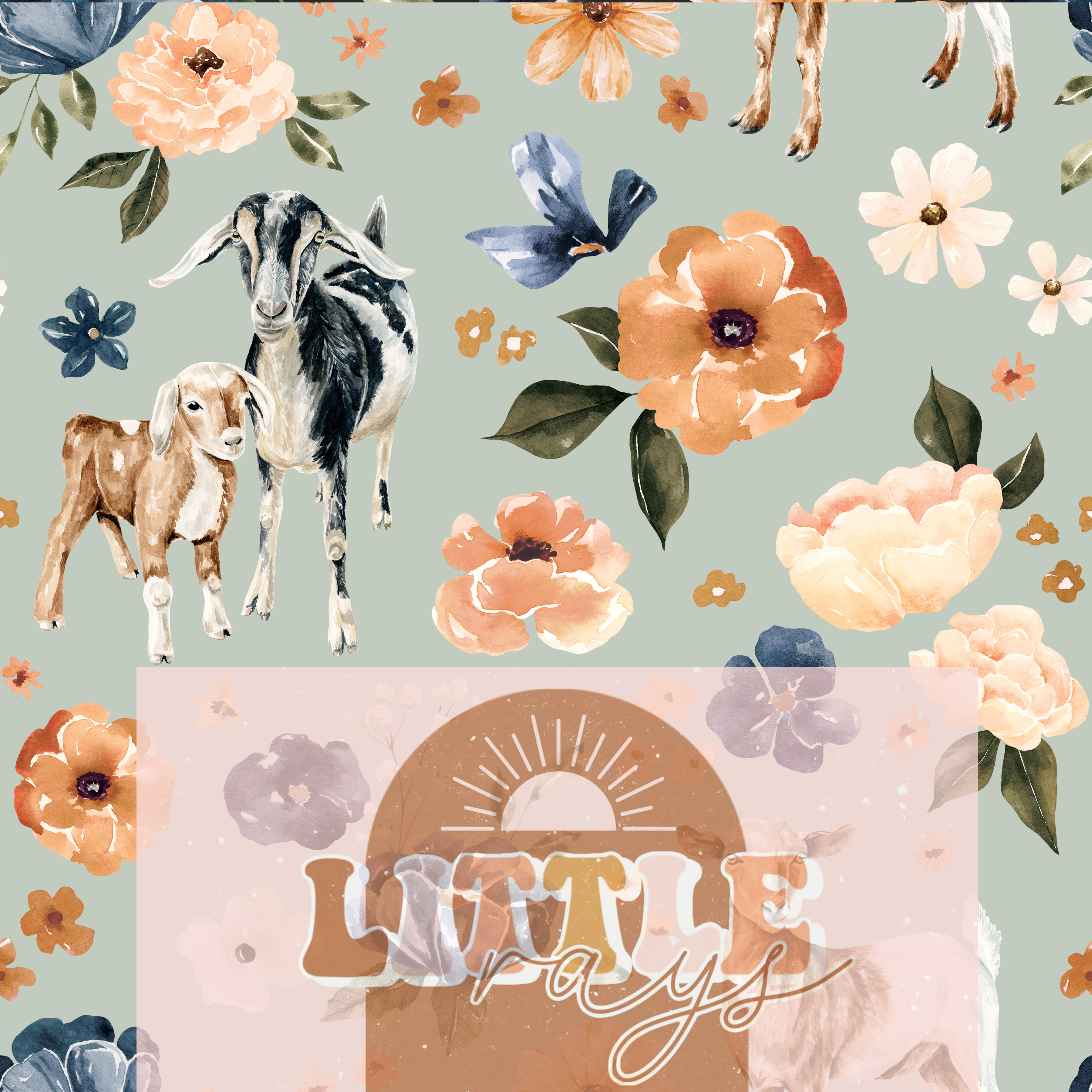 Farm and Meadow Goat Floral Mint Blue