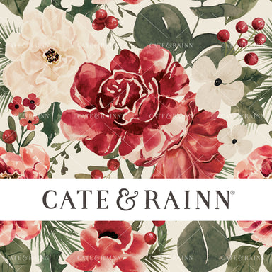 Floral design with red and pink flowers and green leaves, featuring the brand 'Cate & Rainn'. fabric 