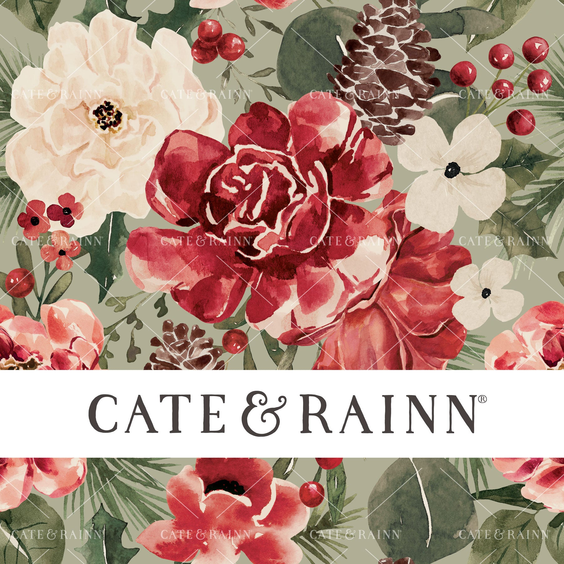Floral pattern with red and white flowers and berries, featuring the brand 'Cate & Rainn'. christmas fabric knit
