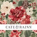 Floral pattern with red and white flowers and berries, featuring the brand 'Cate & Rainn'. christmas fabric knit