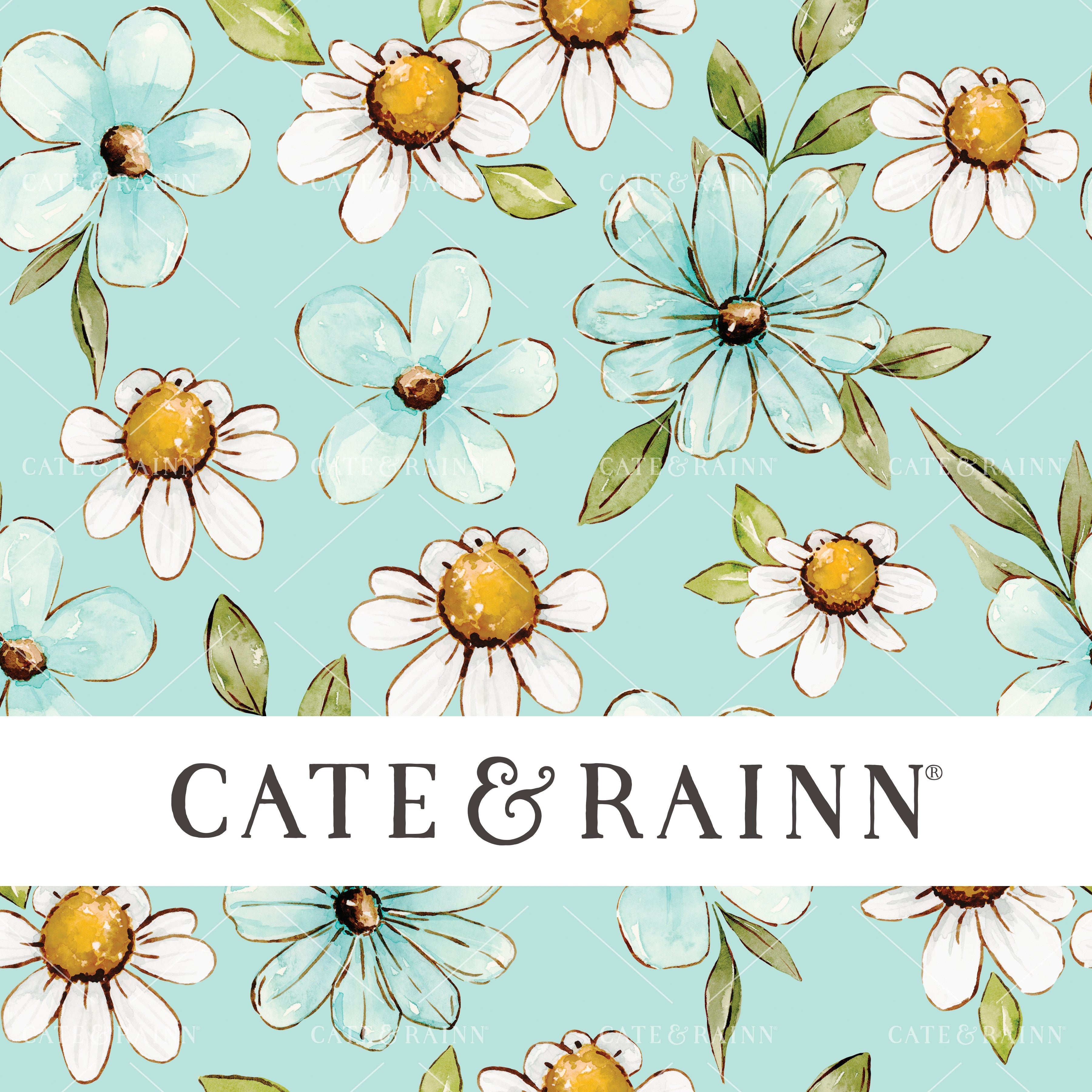 Watercolor Daisy Floral on Aqua Blue Penelope