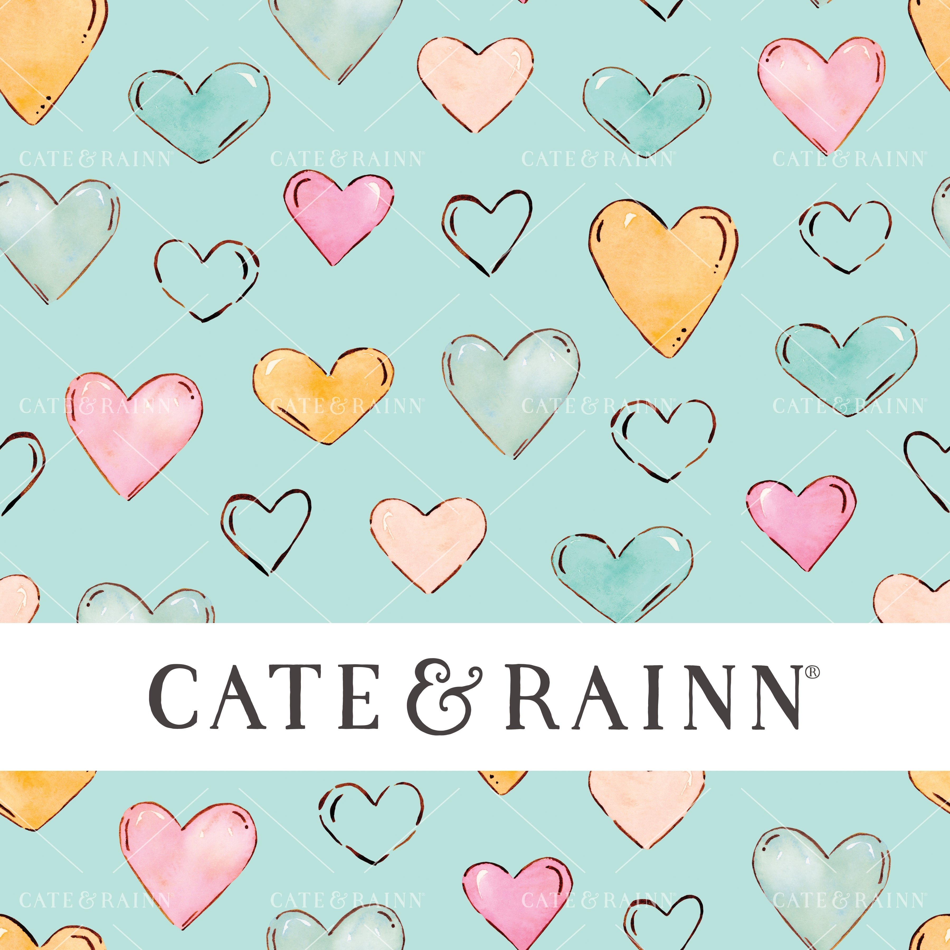 Watercolor Hearts on Aqua Blue Penelope