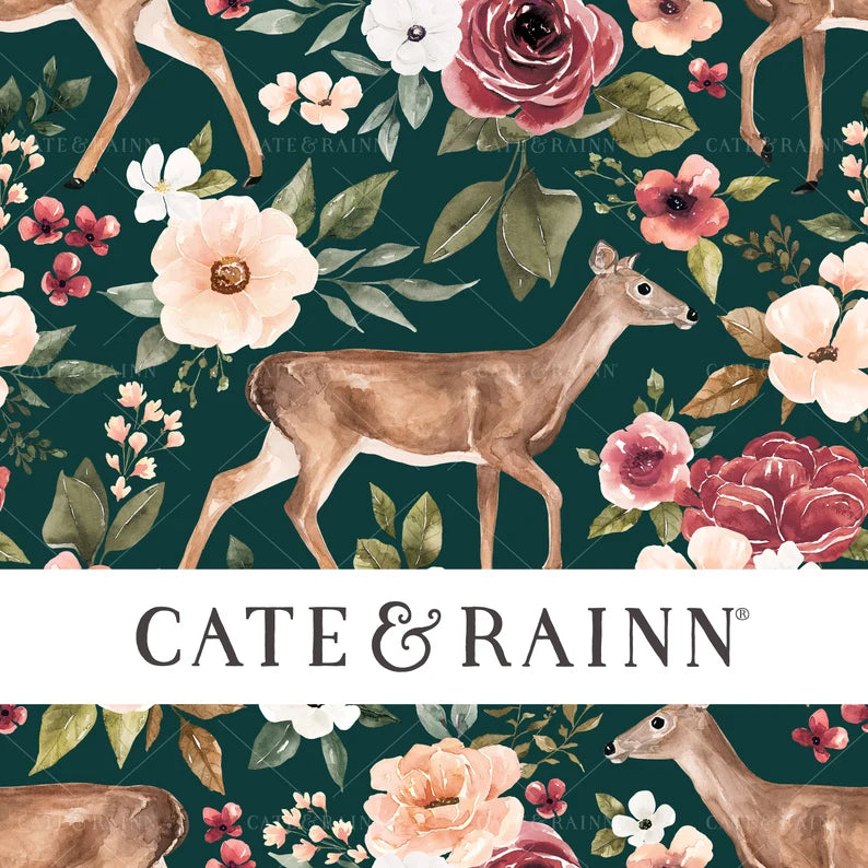 FELICITY Deer Floral HUNTER GREEN BACKGROUND
