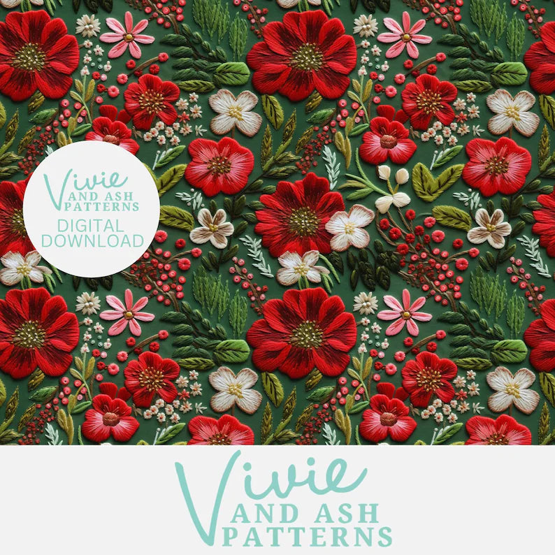 Red and Green Christmas Floral Embroidery