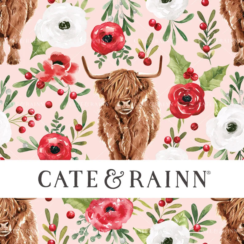 Highland Cow Pink Christmas Floral