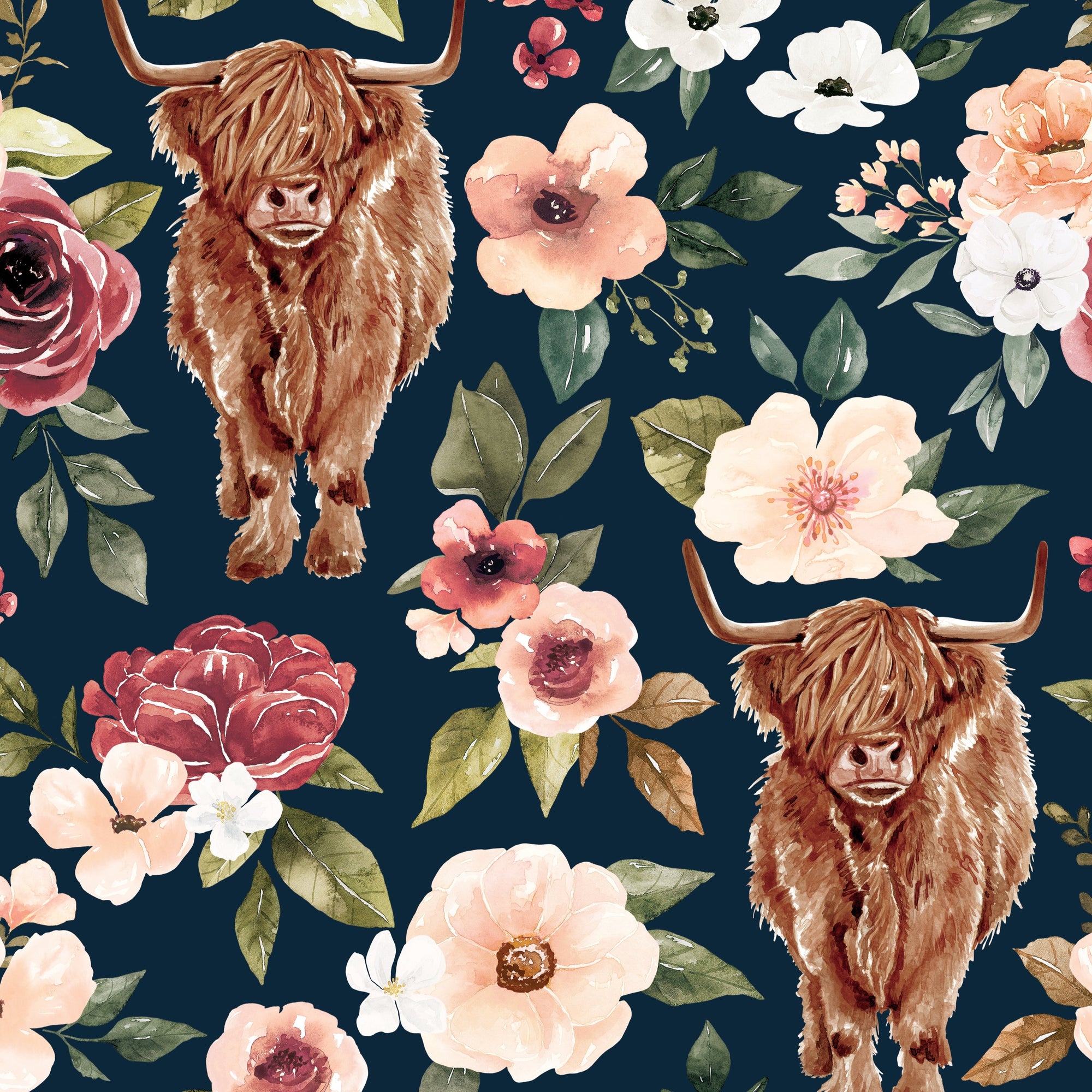 Navy floral highland cow