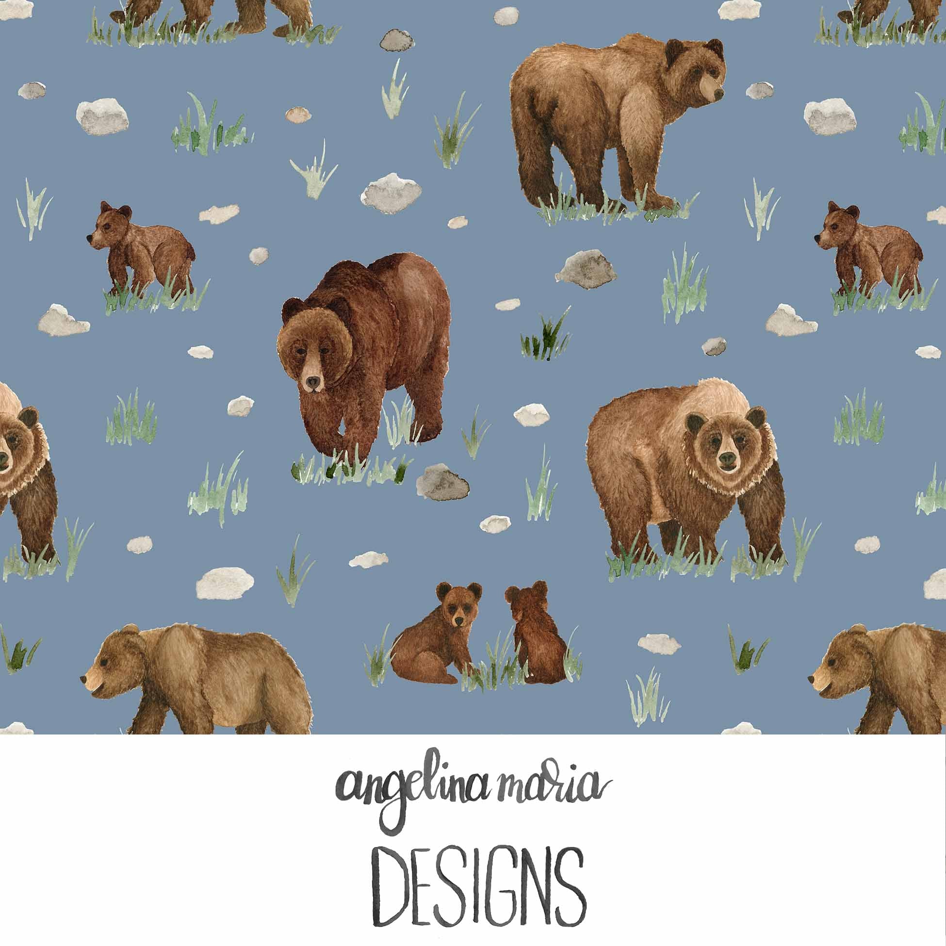 watercolor grizzly bears on misty blue