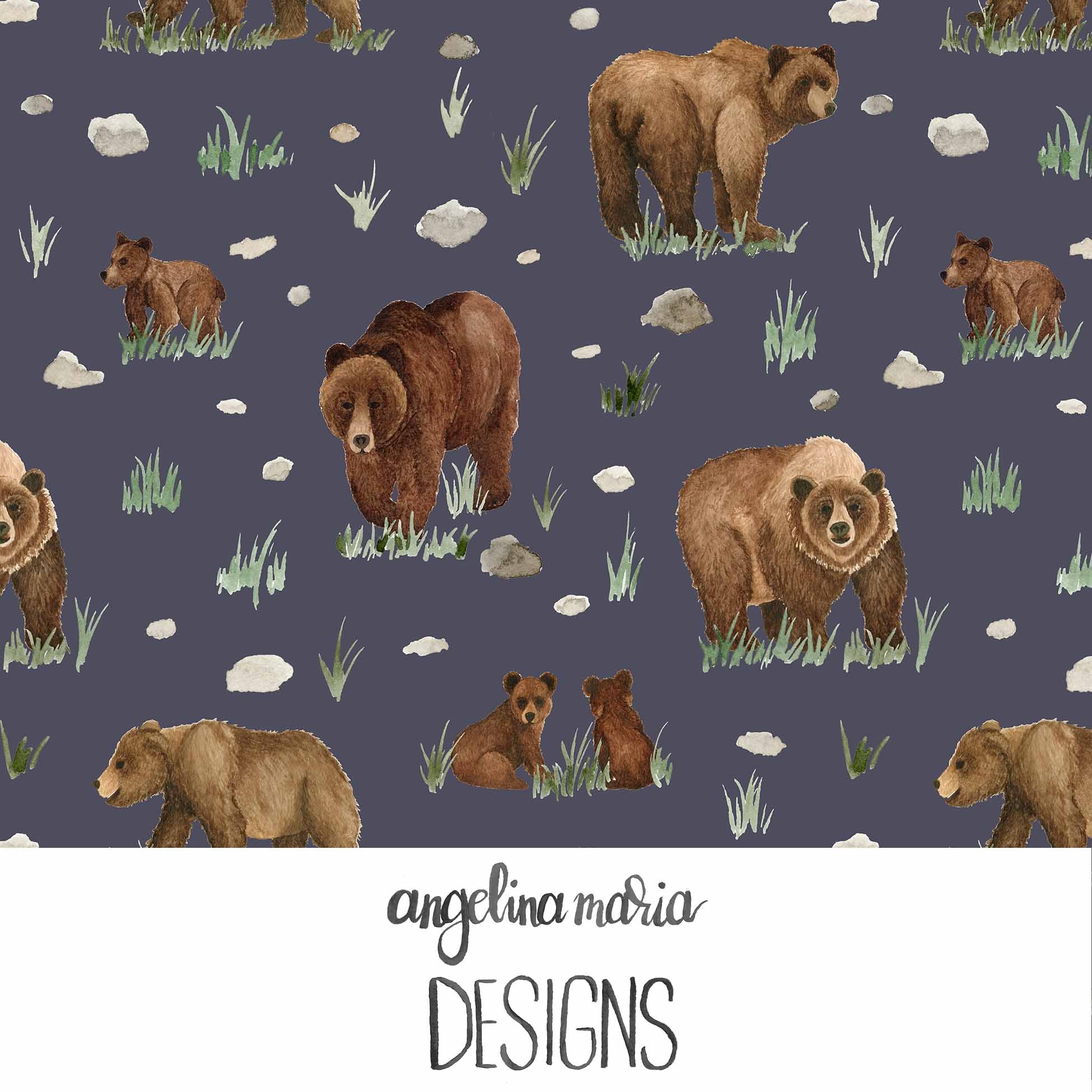 watercolor grizzly bears on navy